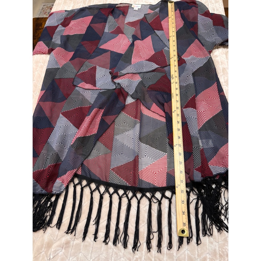 LuLaRoe Geometric Print Kimono Cardigan L Cover Up Fringe Bohemian Festival - Picture 9 of 12